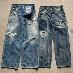 ズボンジーンズメーカーカスタムストリートウェアパッチウォッシュストレートフィット特大リップドヴィンテージディストレストメンズデニムパントホンブレ - Product Image 1