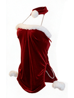 Ensemble de lingerie sexy de Noël pour femmes, 3 pièces, velours, bordure en fausse fourrure, collier chaîne, robes pour soirée et jeux de rôle