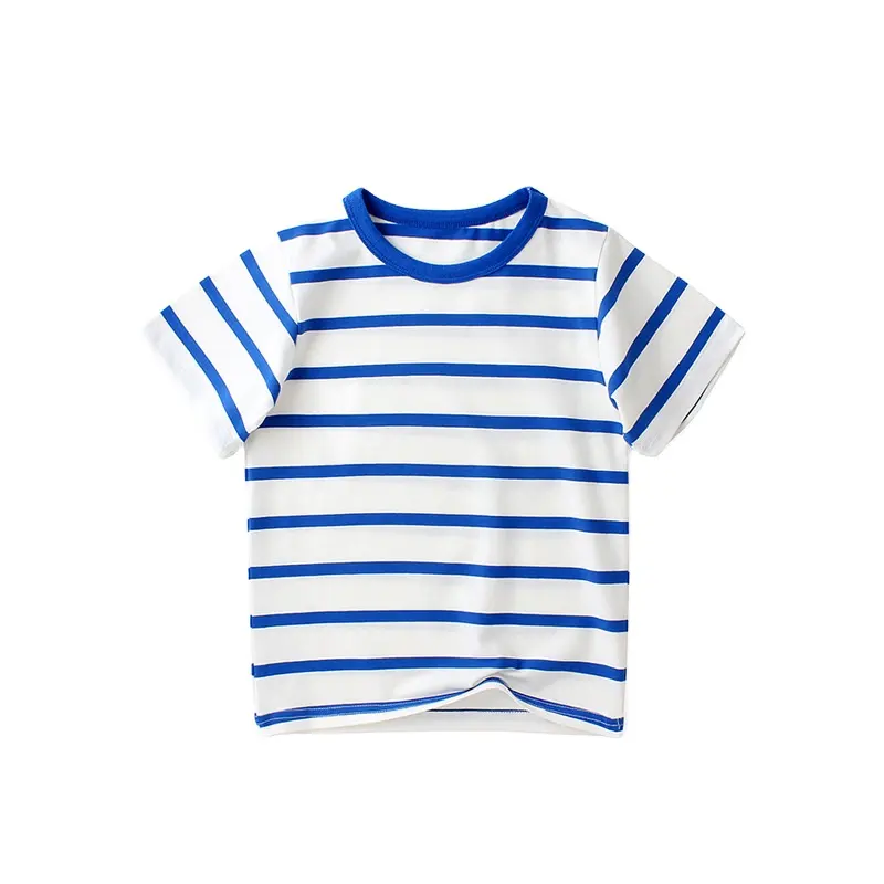 Оптовая продажа, Детская летняя футболка в полоску, детские топы с коротким рукавом, повседневная мягкая хлопковая рубашка с круглым вырезом, детская одежда для мальчиков