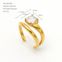 Bague ouverte réglable classique en acier inoxydable à double couche plaquée or 18 carats avec zircon clair incrusté