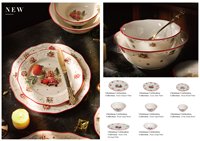 Service de vaisselle en céramique de style américain, ensemble mixte blanc et rouge, petits bols en céramique de 6 onces pour mélanger riz, salade et soupe, avec bord doré
