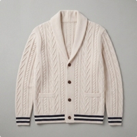 Zeitlose Klassische Wollmischung Strickjacke mit Schalkragen Zopfmuster Retro Klassischer College-Stil Gestreifter Saum Pullover für den Großhandel