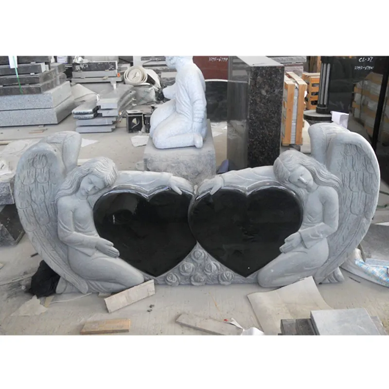 ที่กําหนดเองหินแกรนิต Gravestone หินอ่อนอนุสรณ์คู่แองเจิลคู่หัวใจหลุมฝังศพBench Cemeteryแองเจิลรูปปั้นศิลาจารึก