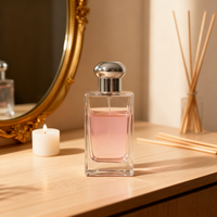 Vente en gros de flacons de parfum carrés en verre de luxe personnalisés de 50 ml avec pulvérisateur à pompe, impression sérigraphique, diffuseur de parfum en boîte