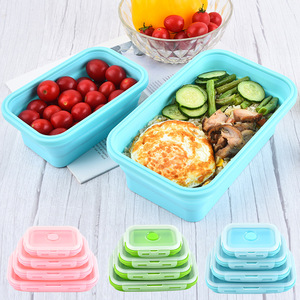 Silicone Folding <b>Lunch</b> <b>Box</b> Set Square Microwave Safe Refrigerator Safe Bento <b>Box</b> With Plastic Lid Blue Green Pink - Product Image 2