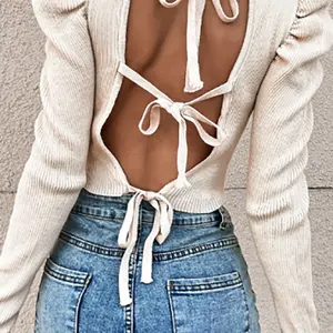 Custom Stand Collar Sexy Backless Back Bow Tie Long Pagoda Bubble Sleeve Fashion White Knitted Crop Tops For Women