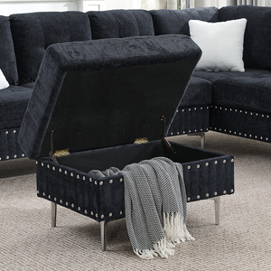 Chenille Sectional 3-Seaters <b>Sofa</b> Set with Chaise Storage Ottoman Metal Legs and Copper Nails Two White Pillows for Apartment - Product Image 5