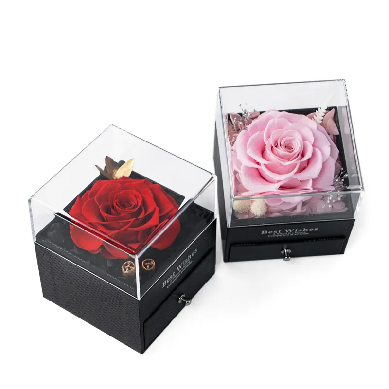 Eternal Roses Luxury Drawer Acrylic Flower Jewelry Factory Heart Shaped Crystal Wedding Gift Ring ...