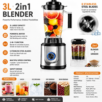Mixeur Électrique 3 Vitesses avec Fonction Pulse, Broyeur à Sec 2-en-1, Base en Acier Inoxydable, Compact, pour Smoothies, Cuisine Domestique