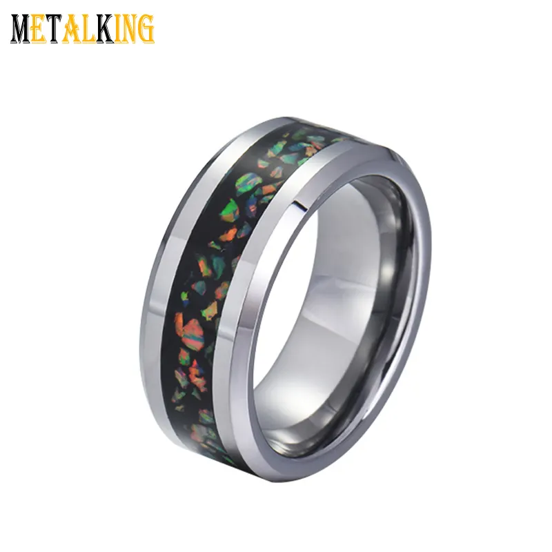 Mens Tungsten Carbide Wedding Band Ring with Fire Opal Inlay 8mm Comfort Fit