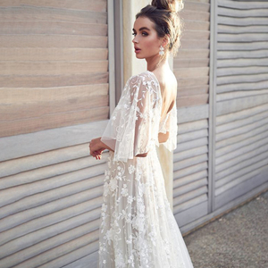 فستان زفاف أبيض من الدانتيل برقبة شكل V وأكمام مكشكشة عارية الظهر ملابس نسائية بسحاب خلفي فساتين سهرة طويلة أنيقة 50 منسوجة - Product Image 4