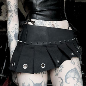 Gothic Punk Dropped <b>Black</b> <b>Pleated</b> A-Line <b>Mini</b> <b>Skirt</b> with Built-in Shorts and Metal Eyelet Rivets Summer - Product Image 1