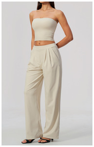 Conjunto de 2 Piezas Verde Oliva para Mujer, Top sin Tirantes, Pantalones Anchos, Corte Holgado, Tejido a Rayas, Transpirable, Casual de Primavera/Verano - Product Image 5