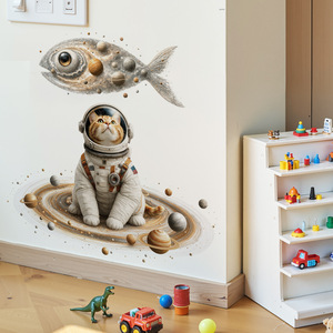 Adesivo Murale Animale Cosmico Cartoon: Gatto Astronauta e Pesce Spaziale Nebulosa, Decorazione Spaziale Adesiva per Stanza dei Giochi dei Bambini - Product Image 2