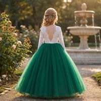 Robe de cérémonie pour filles, manches longues, dos nu en dentelle, verte, en tulle évasé, style princesse, pour fête, demoiselle d'honneur ou spectacle