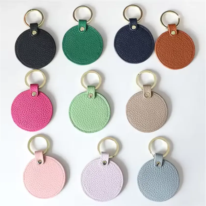 Customize Mini Key Chain Holder Personalized Women Round Key Tag Leather Car Key Rings Keychain