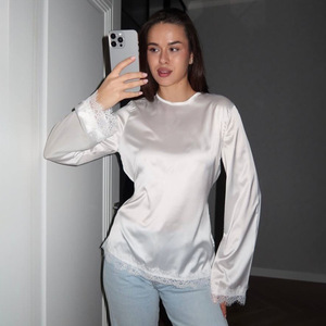 Blusa de Manga Larga con Encaje Satinado Rosa, Ropa Casual para el Hogar para Mujer, Blusa de Moda de Color Sólido - Product Image 4