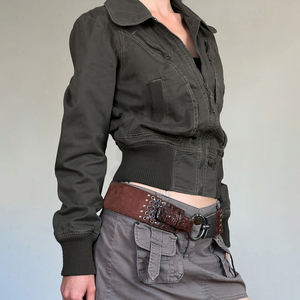 Veste utilitaire vintage américaine pour femmes, fermeture éclair, multi-poches, patchwork, col rabattu, taille cintrée, coupe courte - Product Image 2