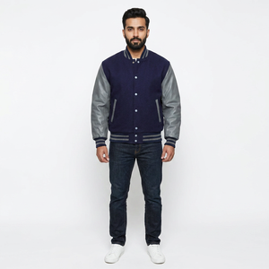 Men's Winter Varsity Jacket 100% Cotton Breathable Stand Collar <b>Covered</b> <b>Button</b> Closure Embroidered Design Casual Style - Product Image 1