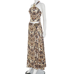 Viviblook D25ST282 New Women Leopard Print Set Party Summer Halter Strapless Crop Top <b>Split</b> <b>Skirt</b> Two Piece Set - Product Image 3