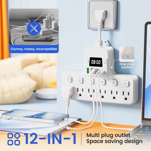 LED 시계가 있는 스마트 멀티탭 & 6개의 AC 콘센트, 12-in-1 벽걸이형 데스크탑 충전 스테이션, 서지 보호 및 유연한 코드 - Product Image 5