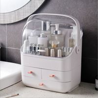 Boîte de rangement de maquillage, logo personnalisé, support de boîte de rangement cosmétique avec couvercle anti-poussière, poignée portable pour salle de bains commode