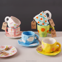 Tasse à café et soucoupe en céramique peinte à la main, forme irrégulière, motif fleur, nuage, carreaux, en porcelaine, pour la maison, le café, le thé de l'après-midi
