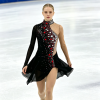 Robe de patinage artistique noire et rouge avec strass, manches longues en maille, col montant, costume de compétition pour adultes et enfants, tenue de performance