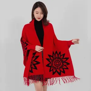 Printed Sun Flower Knitted Sweater Coat Tassels Cape Poncho With Sleeve Shawls Wraps