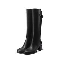 Bottes d'équitation d'hiver en cuir véritable à bout carré, montantes, à talon épais et fermeture éclair