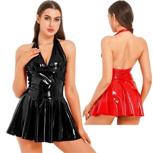 Abito da donna in similpelle plissettato, sexy, con scollo all'americana e schiena scoperta, per discoteca, performance, costume sexy, miniabito aderente. - Product Image 1