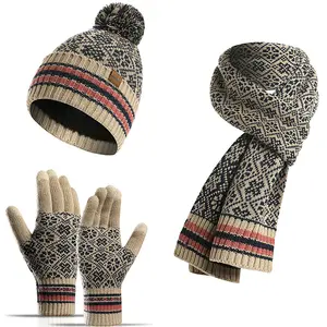 ชุดถุงมือผ้าแจ็คการ์ดถักอย่างหนาสำหรับฤดูหนาว,ใหม่ล่าสุดชุดหมวกบีนนี่หมวกและผ้าพันคอ