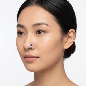 Piercing de nez en argent sterling 925 plaqué argent, motif floral ethnique indien, serti d'améthyste, pour femme, idéal pour les fiançailles - Product Image 2