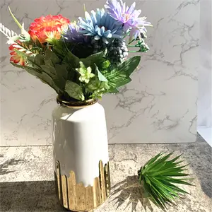 Vaso de cerâmica para decoração de casa, vaso esmaltado para mesas centrais, vaso de cerâmica antigo pintado à mão, dourado e branco, atacado