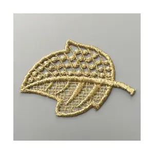 Custom Sew-On Lace Golden Embroidery Leaf Applique Sustainable Water Soluble Clothing Patches for woman dress garment JA09