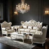 Ensemble de canapés en cuir et bois massif sculpté de style classique européen, mobilier de salon de luxe de style français, vente en gros pour villas et hôtels OEM ODM