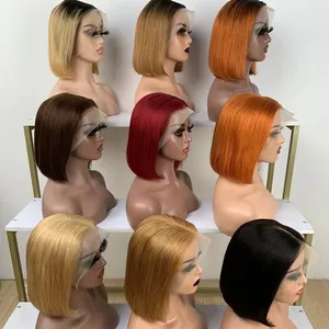 Perruque Bob courte ondulée de qualité supérieure, 10-12 pouces, perruque Lace Front Wig brésilienne, perruque Remy vierge 100% cheveux humains réels non traités, bon marché