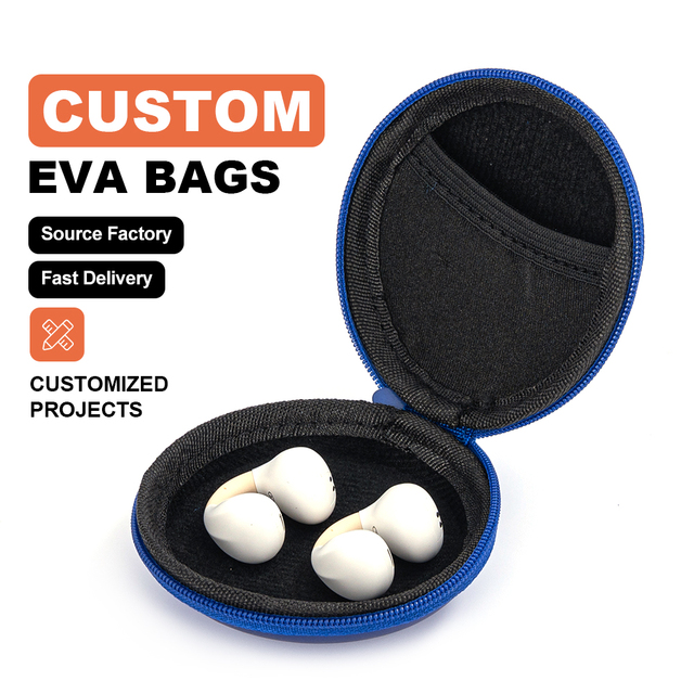 Custom Round EVA Earphone Case Mini Hard Shell Zipper Storage Box with Mesh Pocket for Earbuds Watch Cable
