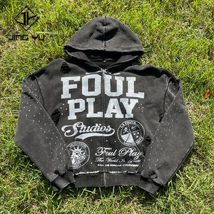 Reiß verschluss Hoodie Custom Distressed Washed Heavyweight Vintage Sun Faded Ripped <span class=keywords><strong>Hoodies</strong></span> Männer DTG Print Strass Acid Wash Hoodie - Product Image 1