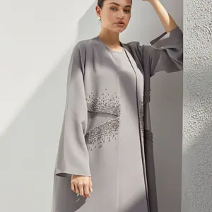 Bán buôn grey khiêm tốn mới mô hình sang trọng pha lê thêu lụa hồi giáo khimar hijab mở abaya ăn mặc cho phụ nữ từ Dubai