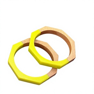 New Vintage Trendy Wooden & Resin <b>Bangle</b> <b>Bracelets</b> Design Hexagon Shape Yellow Resin Inlay Unisex Fashion Jewelry Wedding Woman - Product Image 1