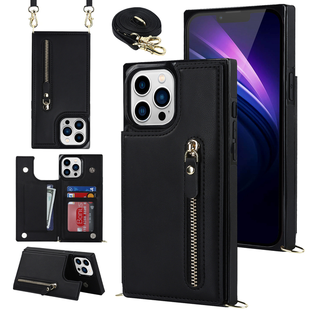 Business-Style Crossbody TPU Phone Wallet Case with Zipper Security Card Slots Kickstand for iPhone