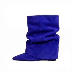 Bottines sexy pour femmes à bout pointu, talon compensé, pliables, en faux daim, froncées et drapées, grandes tailles - Product Image 2