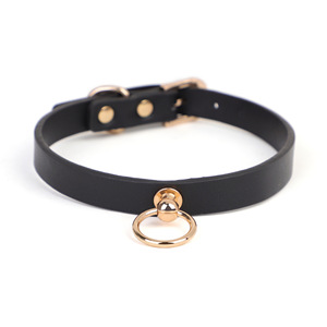 Collier en cuir noir avec anneau et chaîne dorés pour adulte, accessoire BDSM - Product Image 4