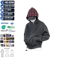 Sweat à capuche zippé vintage délavé à l'acide avec capuche à carreaux, ourlets et poignets côtelés, manches longues, couleur unie, style streetwear, 350 GSM, grammage lourd