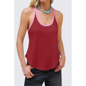 Camiseta sin mangas deportiva para mujer, espalda cruzada, roja con ribete rosa, transpirable, de punto, elastano y poliéster, para verano, ajuste holgado, bajo curvo - Product Image 3