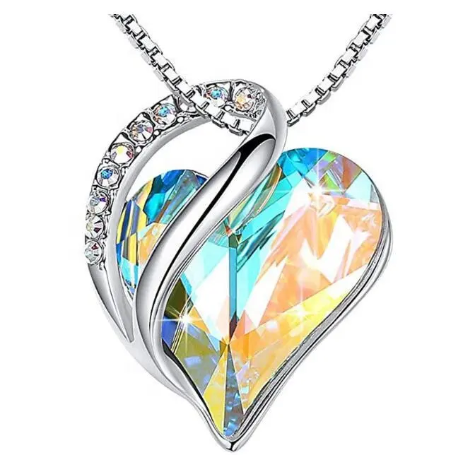Amazon Hot Sale 12 Colors Crystal Ocean Heart Necklace Rhinestone Crystal Heart Pendant Necklace