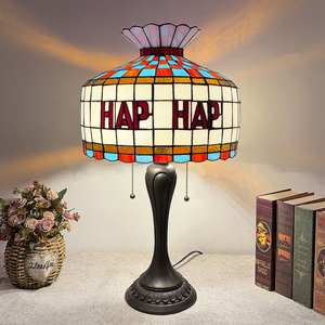 14 Inch HAP Letter Stained Glass <b>Table</b> Lamp Tiffany Hand Soldered Glass Shade Vintage Pull Chain Desk Lamp E26 E27 for Bedroom <b>C</b> - Product Image 1