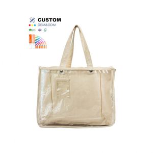 Sacs fourre-tout en toile de coton PVC imperméable avec poches, logo personnalisé imprimé - Product Image 1
