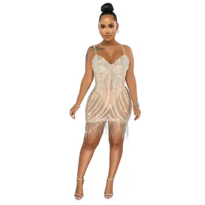 Sexy Stylish fringed v-neck crystal diamond Backless Split women's dress